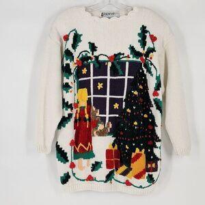 Golden‎ Touch Women's XL Needlepoint Christmas Cable Knit Sweater Scallop Neck